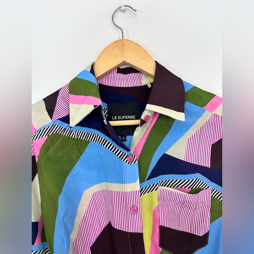 Le Superbe silk Interrupted Pattern Sunset Tower Tuck Blouse Colorful Geometric - Picture 6 of 8
